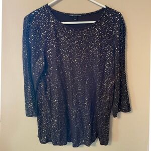 Como Black Womens Lg Gold Foil Splatter Top 3/4 Sleeve Crochet Detail Festive